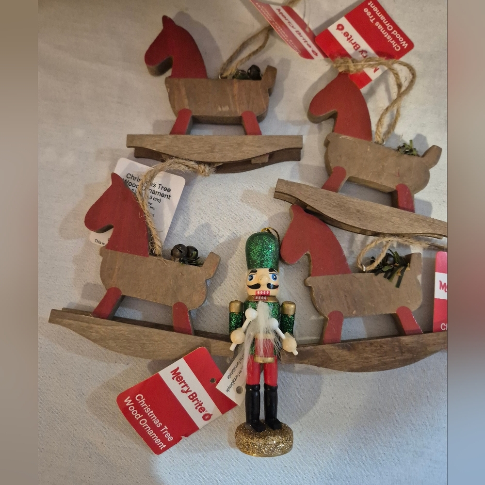 Nutcracker and Rocking Horse Wooden Ornaments Set - Red and Green